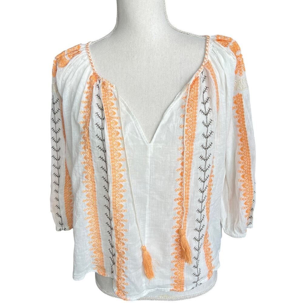 Sundance embroidered peasant top orange and white cotton boho casual oversized
